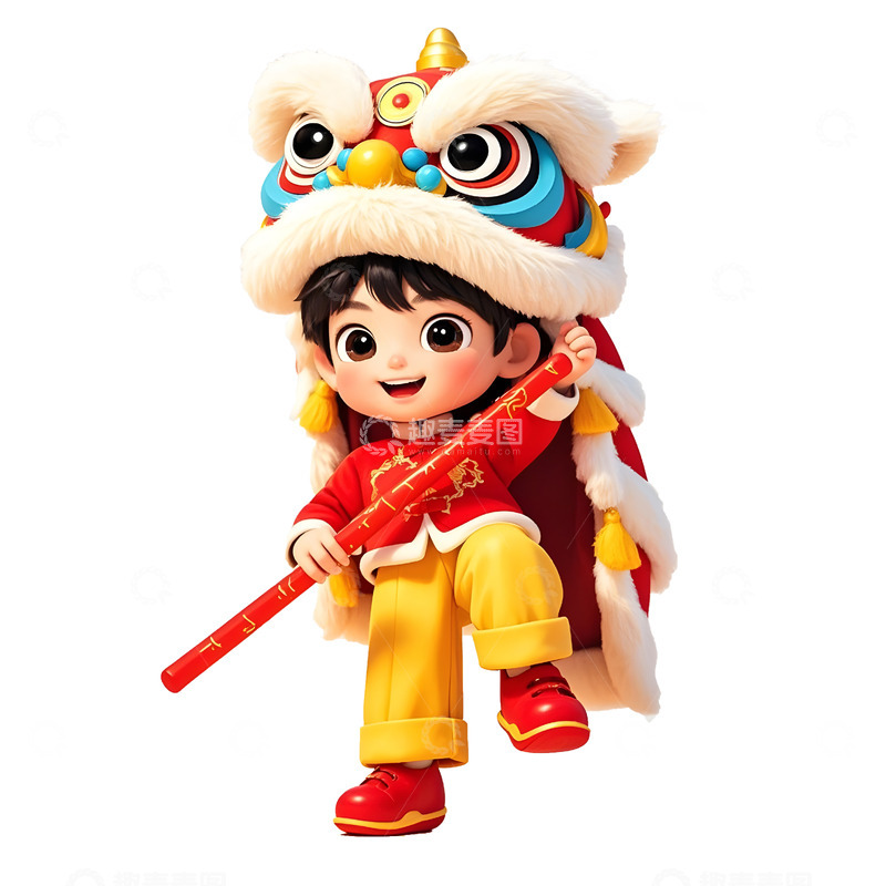 高清大图下载【趣麦麦图】春节小男孩舞狮迎新