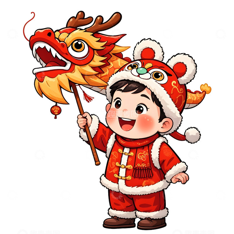 高清大图下载【趣麦麦图】春节小男孩舞龙贺岁