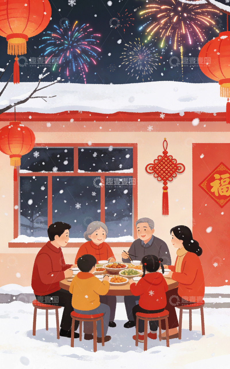 高清大图下载【趣麦麦图】-马年新春阖家团圆年夜饭背景