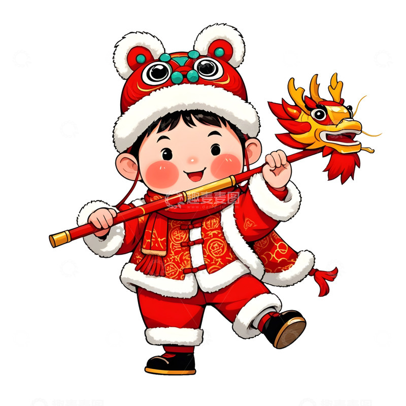 高清大图下载【趣麦麦图】春节小男孩舞龙迎新