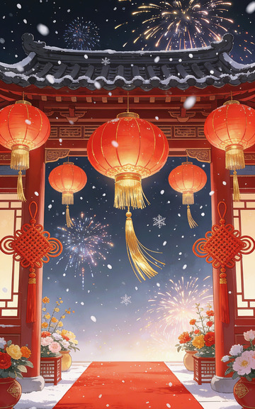 新年雪夜古门楼灯笼烟花新春背景