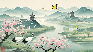 春暖江岸飞鹤远