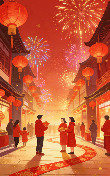 新春古街灯笼烟花团圆背景