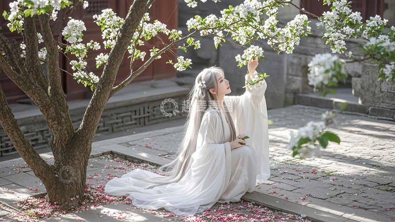 高清大图下载【趣麦麦图】梨花落英少女