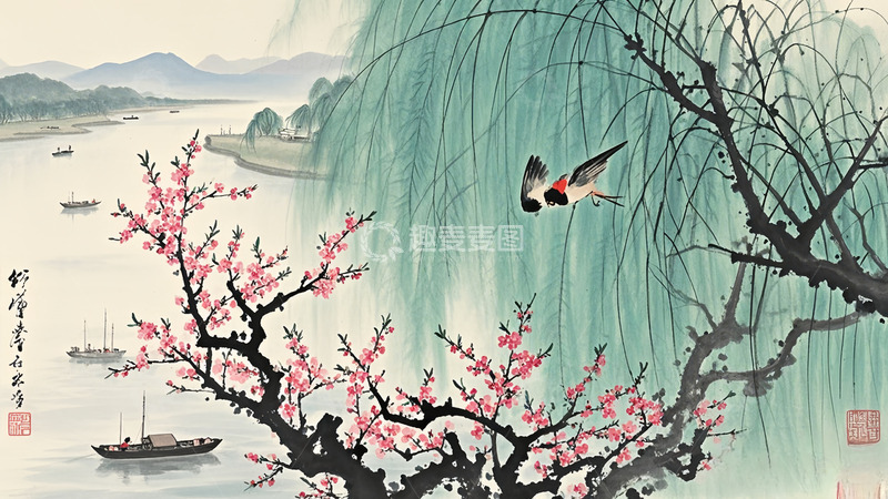 高清大图下载【趣麦麦图】春花飞鸟泛舟