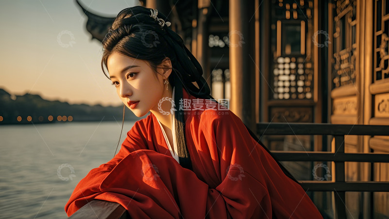 高清大图下载【趣麦麦图】倚栏古风少女