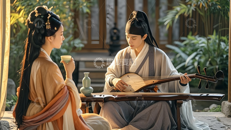 高清大图下载【趣麦麦图】庭院弹琴对坐情