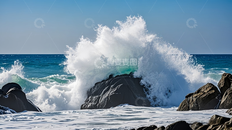 高清大图下载【趣麦麦图】海浪拍打礁石