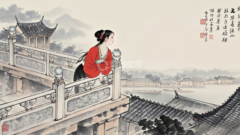 高清大图下载【趣麦麦图】倚栏听风少女