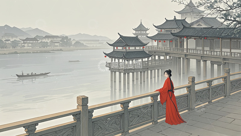 高清大图下载【趣麦麦图】古楼倚栏木舟