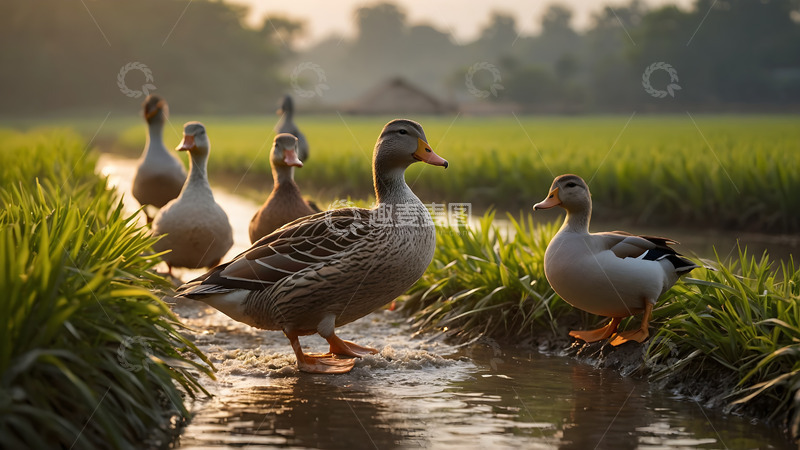 高清大图下载【趣麦麦图】稻田水鸭说丰年