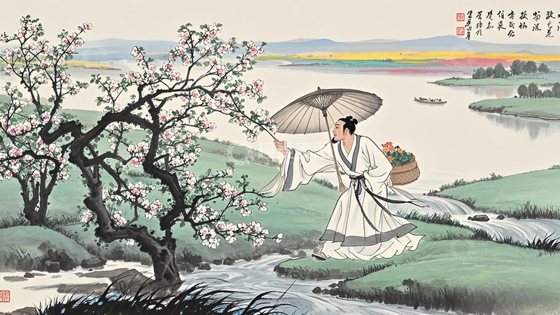 高清大图下载【趣麦麦图】泛舟采花国画