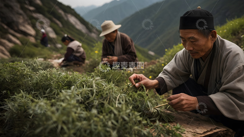 高清大图下载【趣麦麦图】药农山中采摘