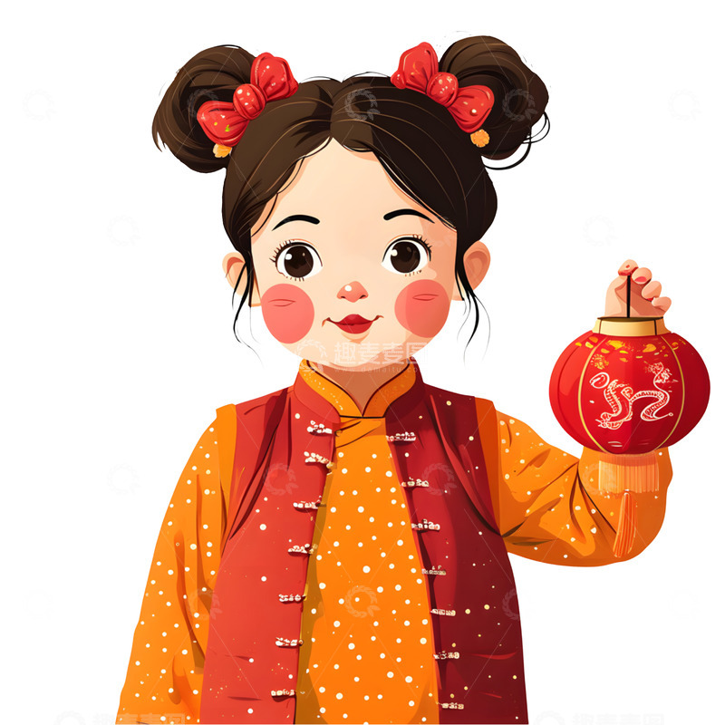 高清大图下载【趣麦麦图】穿着红色唐装的女孩手捧灯笼新年喜庆