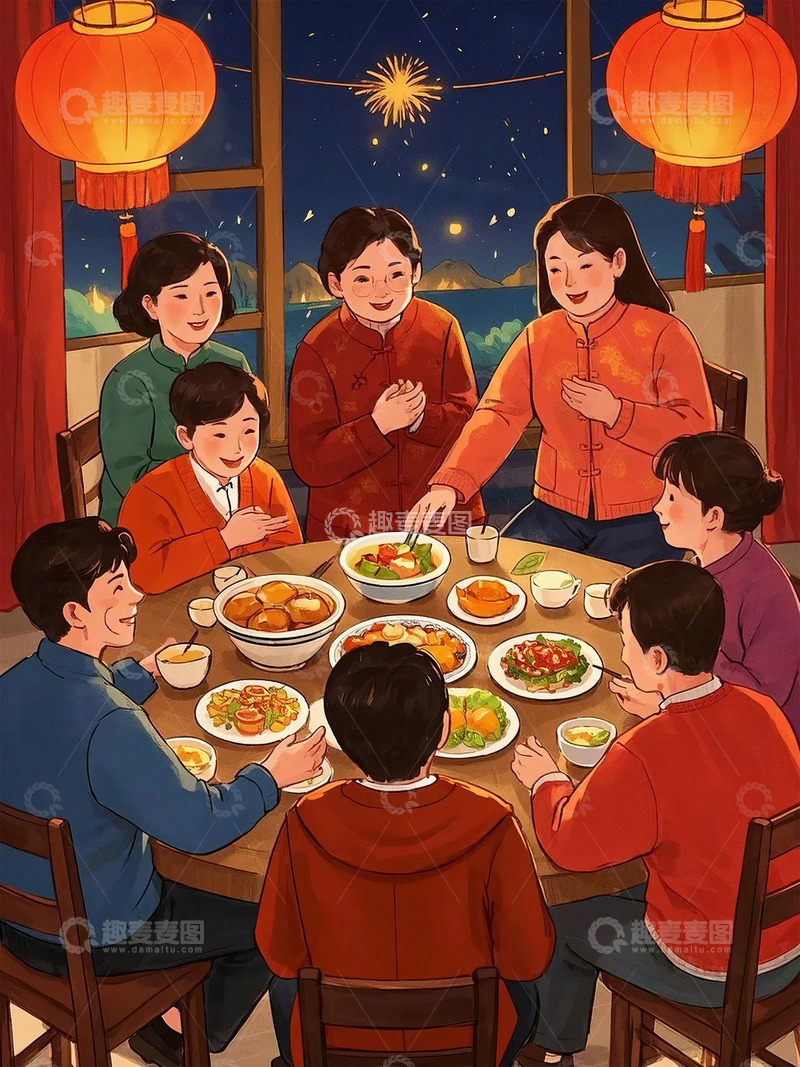 高清大图下载【趣麦麦图】春节卡通团圆晚饭插画