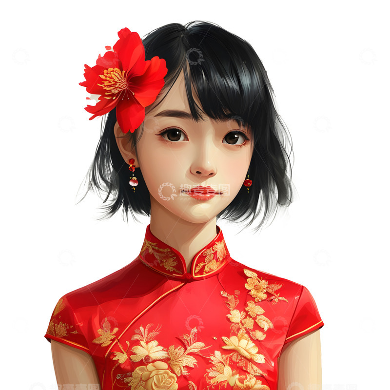 高清大图下载【趣麦麦图】穿红色旗袍的年轻女子优雅新年造型