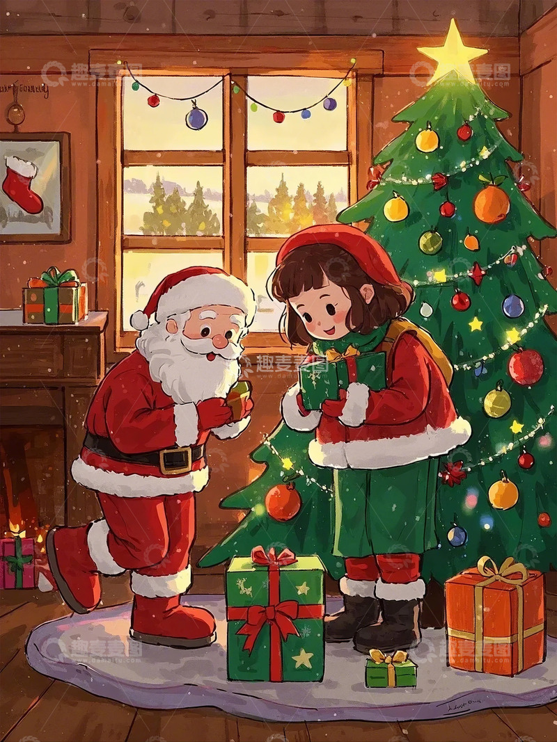 高清大图下载【趣麦麦图】卡通圣诞节圣诞树圣诞老人插图
