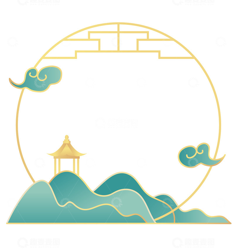 源文件下载【趣麦麦图】中国风金色亭台山水设计