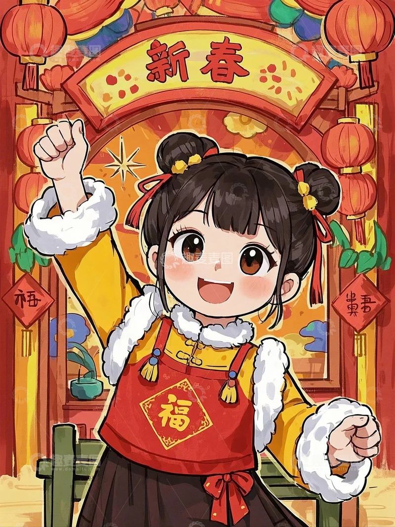 高清大图下载【趣麦麦图】春节卡通女孩插图