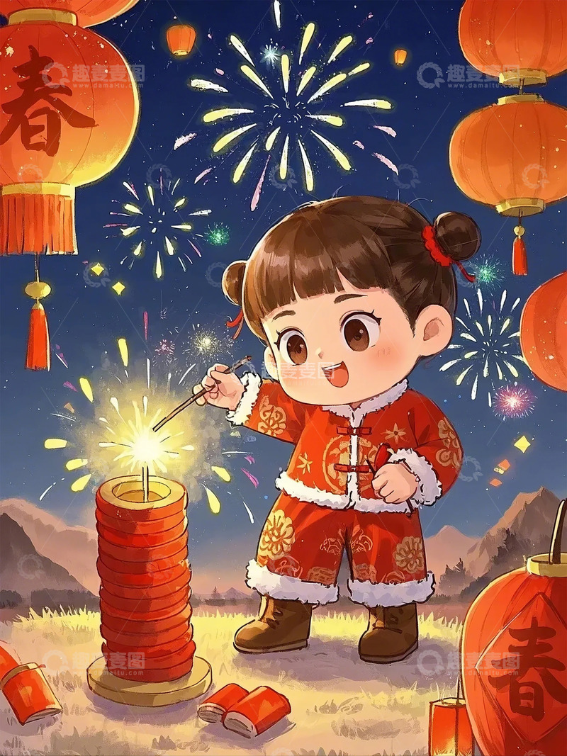 高清大图下载【趣麦麦图】春节鞭炮烟花卡通插图