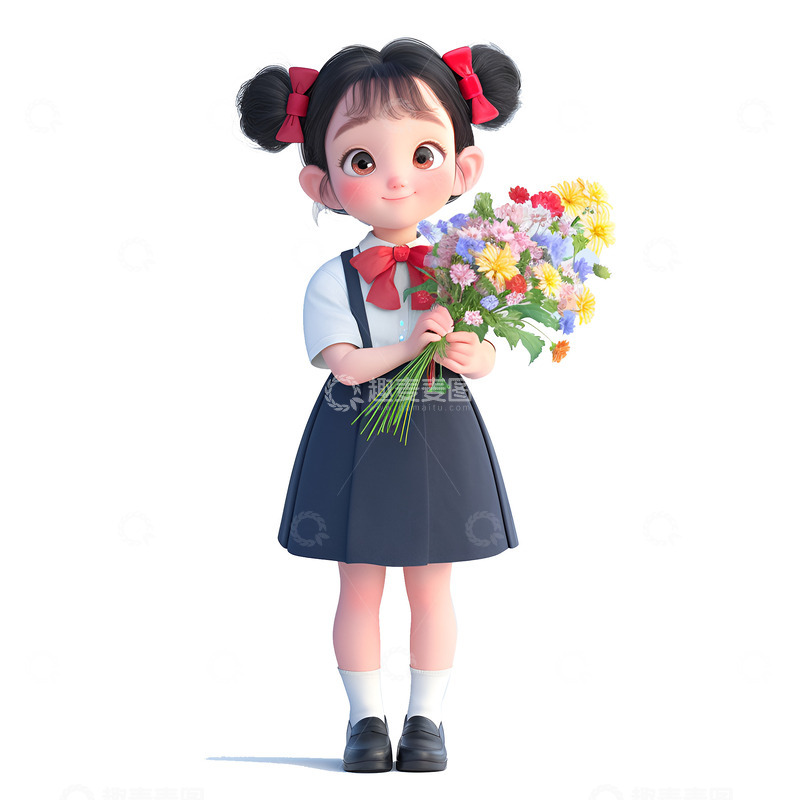 高清大图下载【趣麦麦图】卡通简约捧着鲜花的女孩