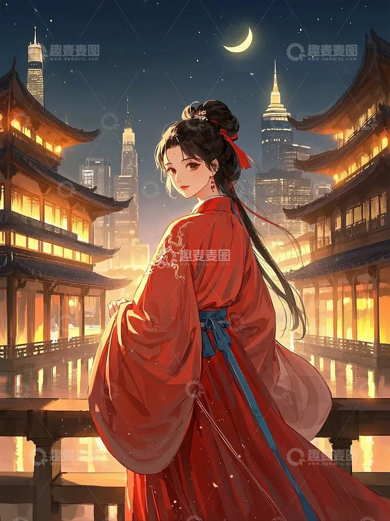 高清大图下载【趣麦麦图】春节夜景卡通手绘少女