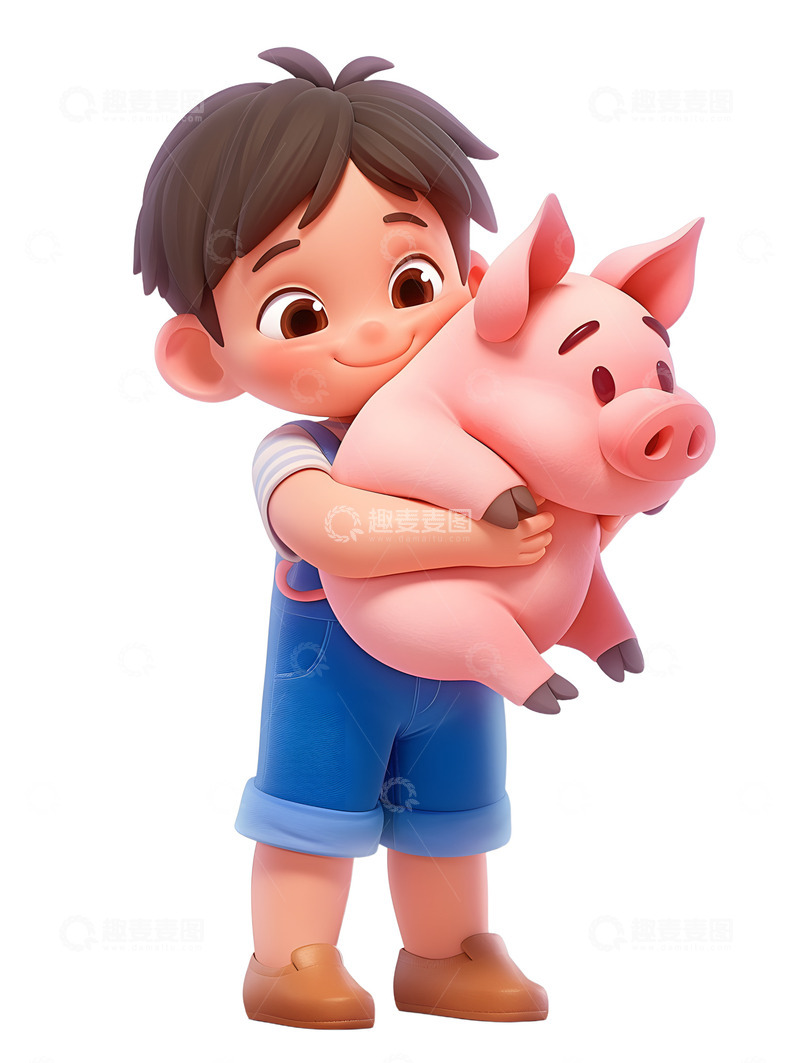 高清大图下载【趣麦麦图】卡通小男孩抱着一只可爱的小猪