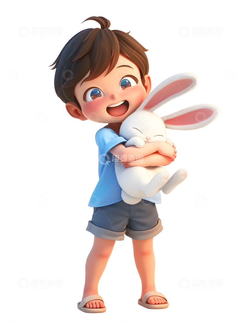 高清大图下载【趣麦麦图】小孩抱着一只小兔子卡通