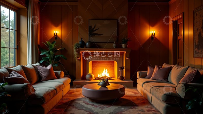高清大图下载【趣麦麦图】室内壁炉取暖