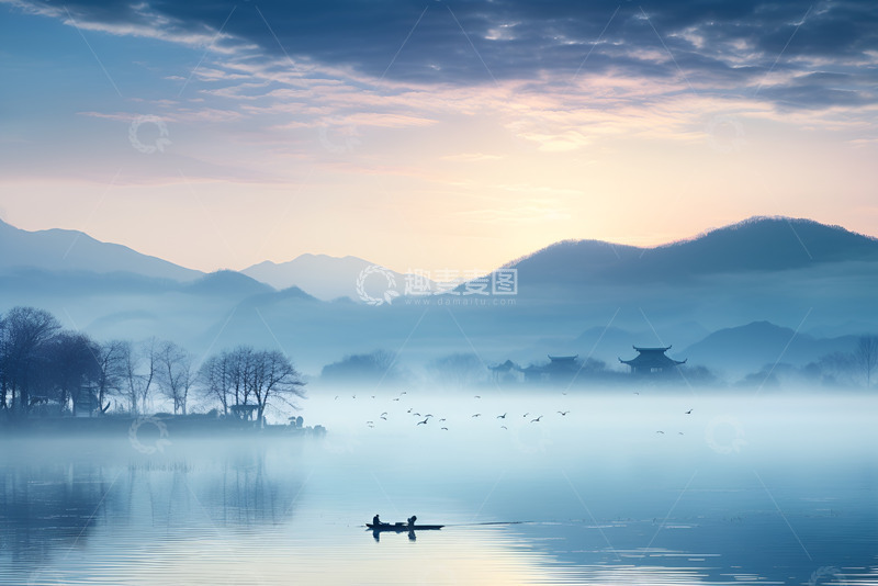 高清大图下载【趣麦麦图】湖面上的一叶扁舟