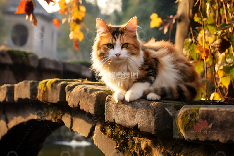 高清大图下载【趣麦麦图】蹲在石桥上的狸花猫