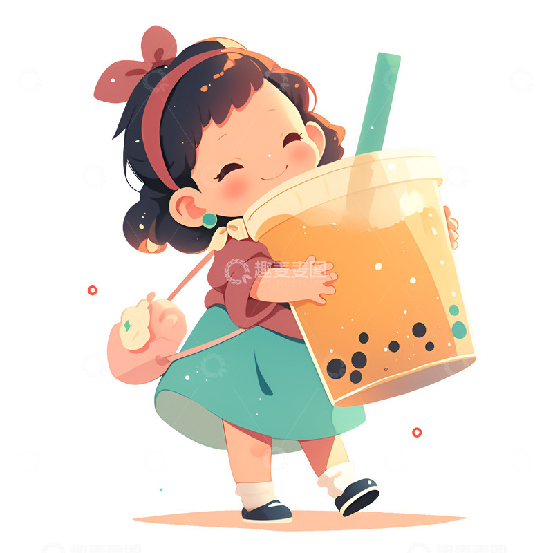 高清大图下载【趣麦麦图】卡通抱着奶茶的小女孩