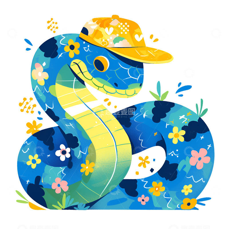 高清大图下载【趣麦麦图】卡通简约戴帽子的小花蛇