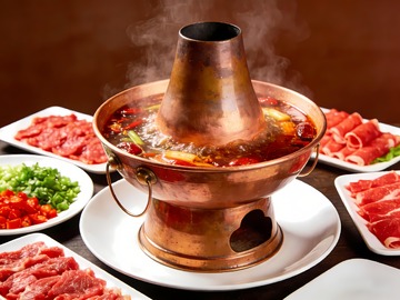 一个铜锅火锅与食材