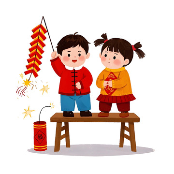 儿童放鞭炮卡通插画蛇年春节场景