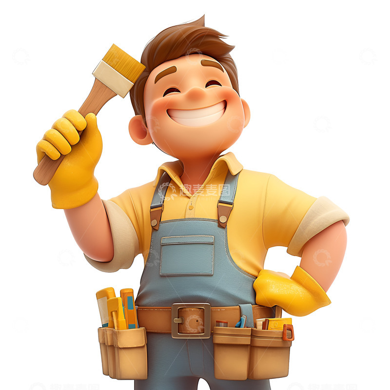 高清大图下载【趣麦麦图】卡通简约拿着刷子的粉刷匠
