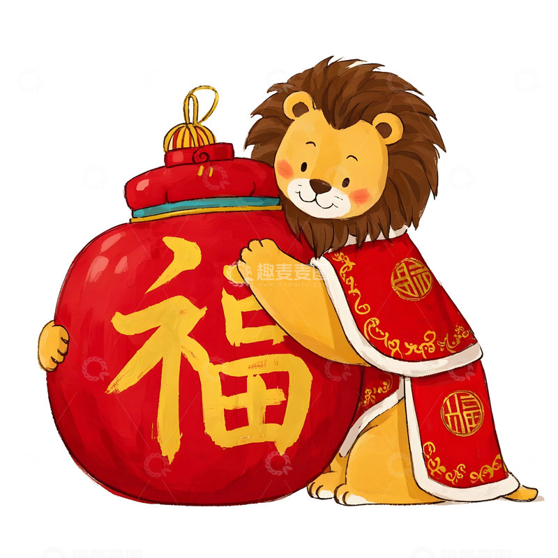高清大图下载【趣麦麦图】小狮子抱福袋卡通插画春节喜庆氛围