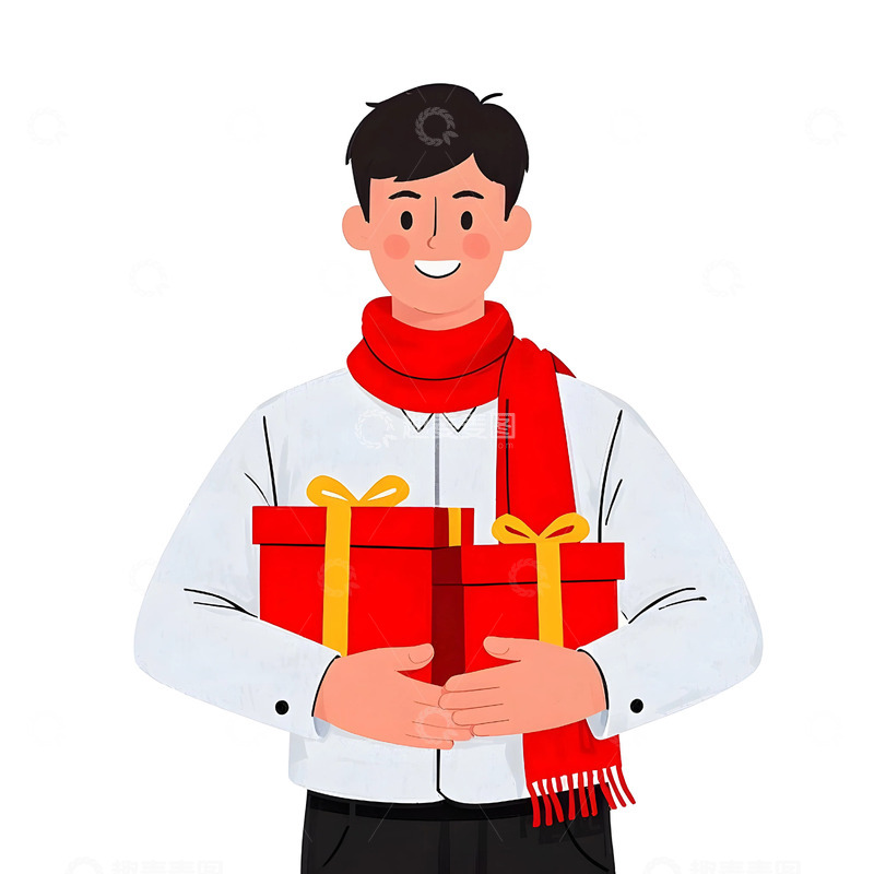 高清大图下载【趣麦麦图】青年男子穿红围巾拿礼物盒卡通春节插画