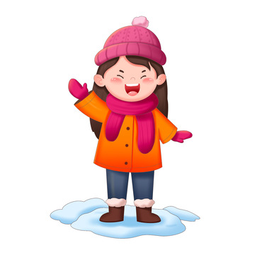 卡通手绘女孩在雪地上开心打招呼免抠元素