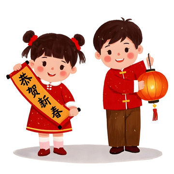 兄妹提灯笼手拿春联卡通插画春节喜庆场景