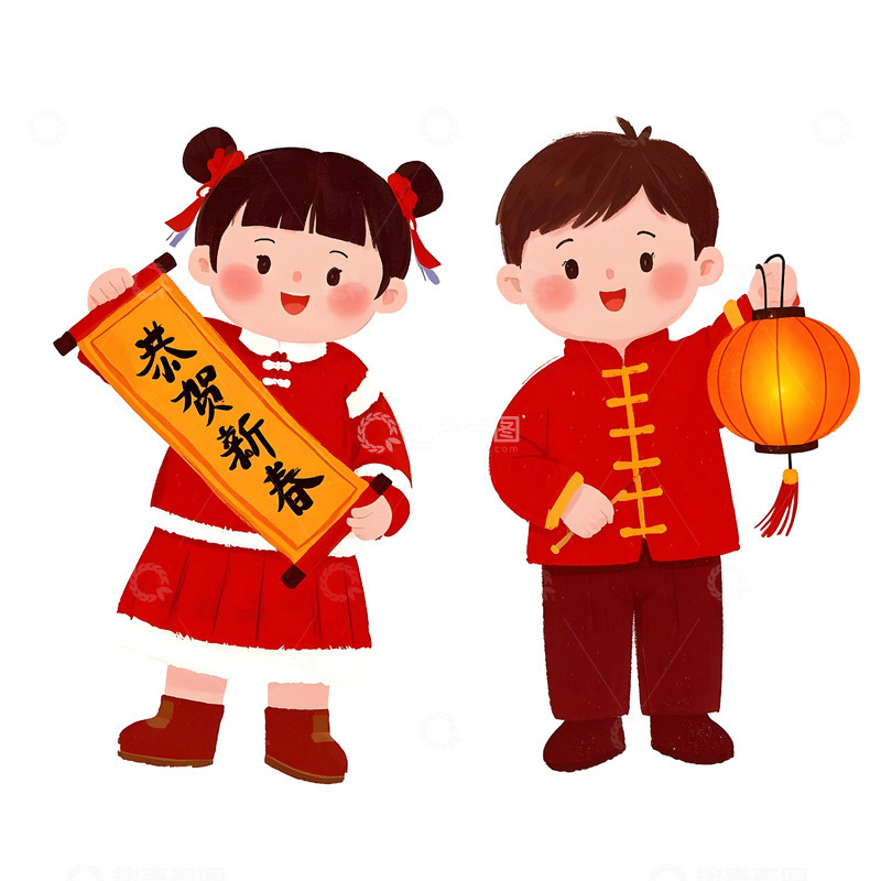 高清大图下载【趣麦麦图】小朋友提灯笼卡通插画欢庆蛇年春节