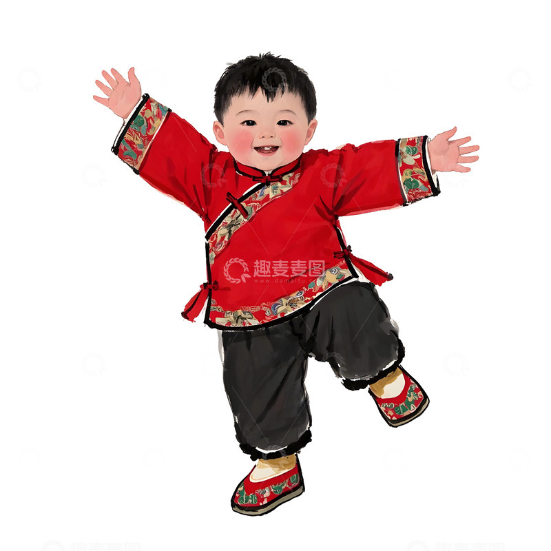 高清大图下载【趣麦麦图】小男孩穿红色服装欢跳卡通插画春节喜庆场景