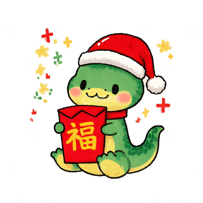 高清大图下载【趣麦麦图】可爱蛇戴圣诞帽抱福袋卡通插画春节氛围