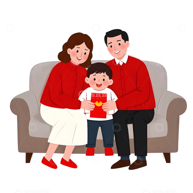 高清大图下载【趣麦麦图】三口之家幸福团聚卡通插画春节温馨场景