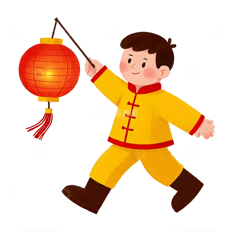 高清大图下载【趣麦麦图】小男孩提灯笼跑动卡通插画春节喜庆场景