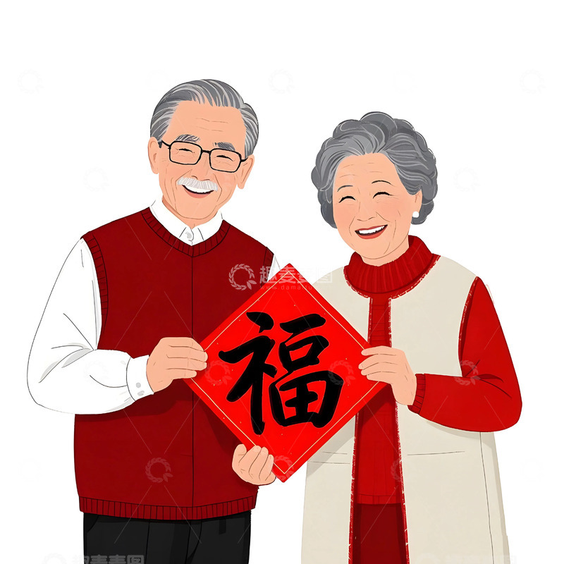 高清大图下载【趣麦麦图】爷爷奶奶拿福字卡通插画春节团圆氛围