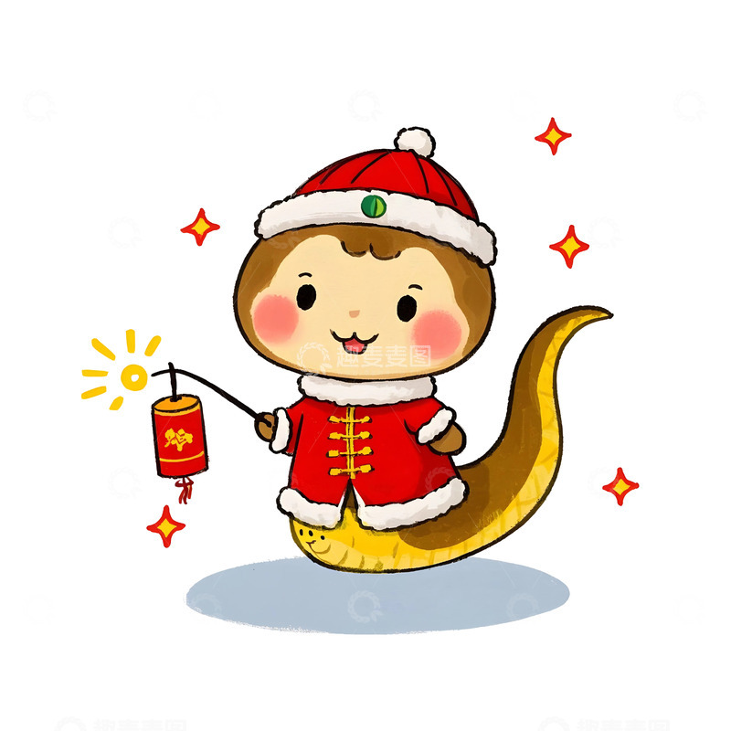 高清大图下载【趣麦麦图】可爱蛇戴圣诞帽放鞭炮卡通插画春节氛围
