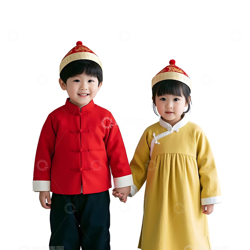 高清大图下载【趣麦麦图】小女孩与小男孩穿传统服装春节温馨画面