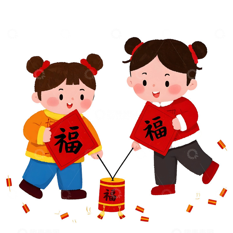 高清大图下载【趣麦麦图】兄妹玩烟花卡通插画蛇年春节喜庆氛围