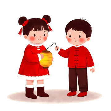 兄妹一起提灯笼卡通插画欢庆春节